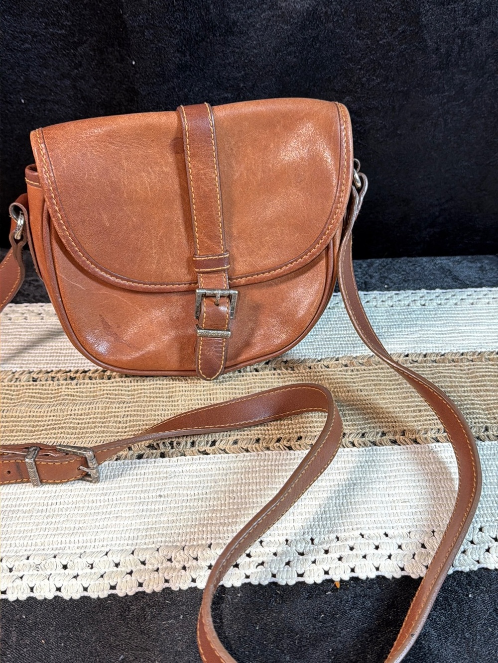 Nine West Cognac Leather Crossbody Bag with Buckle Strap